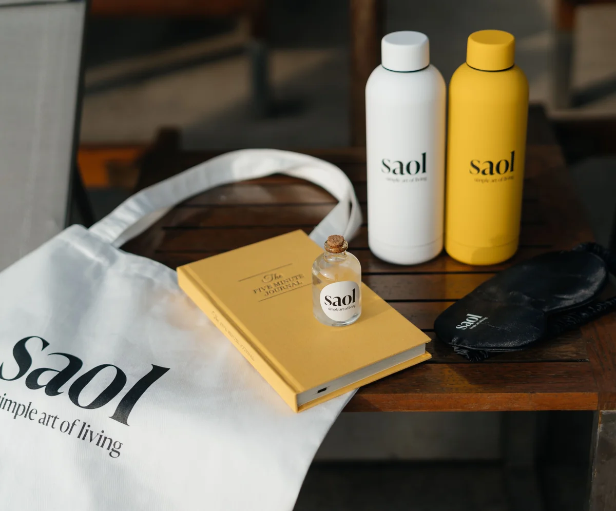 SAOL welcome details: a tote bag, bottles, scent and The Breath Code book